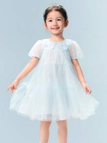 Girls Summer Princess Tulle Dress 2026, Puff Sleeve Cute Design, Soft Breathable Mesh, Sweet Style - Blue Tint - View 1