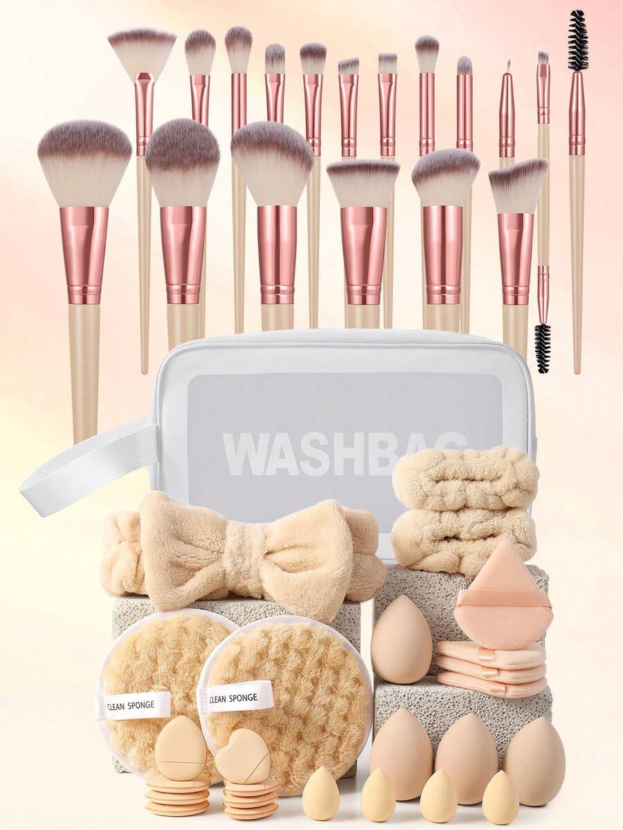 44 piezas Juego de herramientas de maquillaje que incluye: 1 bolsa de aseo y cosméticos multifuncional con cremallera impermeable + 18 piezas de juego de brochas de maquillaje + 4 piezas de esponjas de maquillaje + 4 piezas de mini esponjas de maquillaje + 4 piezas de borlas de polvo triangulares + 8 piezas de borlas de polvo de cojín de aire mini + 2 piezas de esponjas de limpieza facial + 1 diadema + 2 piezas de correa para tazón de mano - Multicolor - Ver 1