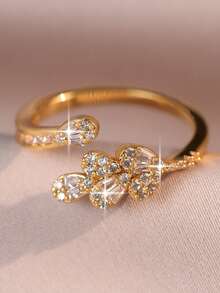 1 chiếc nhẫn đơn hình lá thanh lịch, đính đá Cubic Zirconia, chất liệu đồng cao cấp có thể điều chỉnh kích cỡ, phù hợp cho nữ giới dự tiệc, lễ đính hôn/đám cưới, công sở, học thuật, kỳ nghỉ và đeo hàng ngày. - Vàng - Xem 6