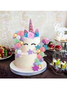 1 套/件 独角兽蛋糕装饰插牌，独角兽花朵蛋糕装饰，彩色泡沫球星星独角兽角，耳朵和睫毛派对蛋糕装饰，生日派对，洗礼派对，独角兽主题派对装饰，婚礼蛋糕装饰（请搭配托盘和白色木棍使用，请勿直接接触蛋糕） - 彩色 - 查看 3