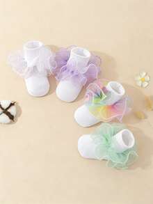 4 Pairs Girls Sweet Cute Solid White Ankle Socks With Ruffle Lace Trim, Candy Color Lace Decoration, Vacation Style Versatile Short Socks - Multicolor - View 3