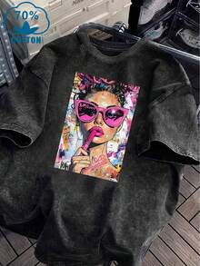 Women's Washed T-Shirt  
Vintage Washed Women's T-Shirt With Bold Pop Art Print, Perfect For Casual Outings Or Home Relaxation, Lightweight And Durable Blend, Stylish Statement Piece For Everyday Wear  
Women's Top Tee - Dark Grey - View 7