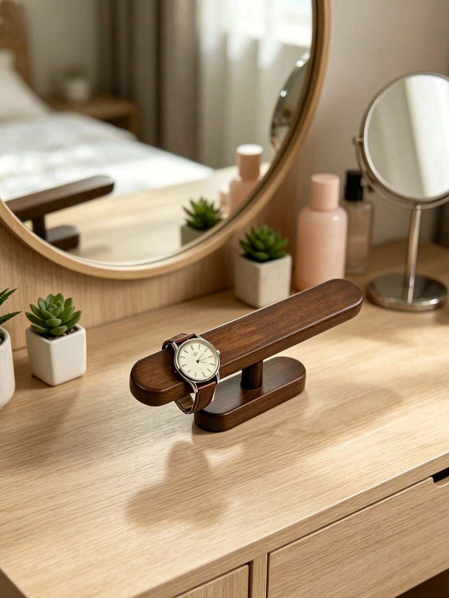 1PC Light Luxury Retro Style Brown Solid Wood Watch Stand, Men's/Women's Universal Watch Display Stand, Desktop Storage Ornament Watch Stand, Suitable For Home Use, Dressing Table, Desktop, Foyer, Bathroom, Holiday Gift Giving - Brown - View 1