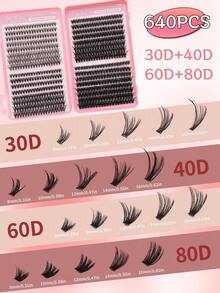 640/624/608/590/384/320片装 D型卷翘扇形假睫毛 30D+40D+60D+80D 混合款 8-16mm 精致蓬松柔软轻盈可重复使用 DIY 假睫毛套装，适合初学者、日常妆容、婚礼、派对、节日、万圣节等场合。 - D - 查看 5