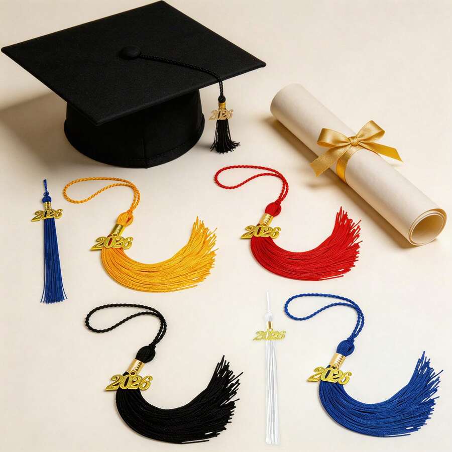 Borla de graduación 2026, borla de birrete de graduación, borla multicolor 2026 con colgante decorativo 2026 en blanco/negro/amarillo/rojo/azul, adecuado para decoración de birrete de graduación, accesorios para fiesta de graduación - A - Ver 1