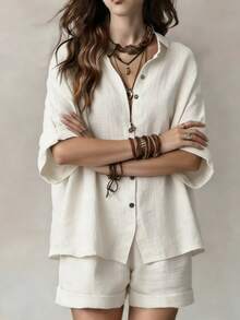 Women's Solid Color Casual Elegant Front Button Shirt Two Pieces Set White Summer - White - View 4