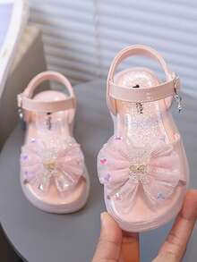 1 Pair Baby Girls' Sweet Mesh Bow Decor Children Sandals, Rhinestone Heart Decoration, Soft & Durable Sole - Pink - View 4