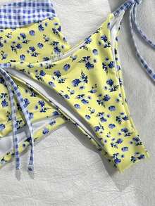 Conjunto de biquíni de 3 peças Lucky Girl Summer para férias de praia, com estampa floral xadrez, calça de alças finas e shorts com amarração dupla na cintura. - azul e amarelo - Ver 5