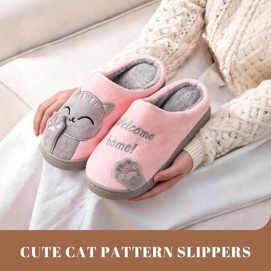 迷你针织室内拖鞋 - 包头，可爱卡通猫咪设计，保暖绒面防滑，男女通用，秋冬季（建议选购大一码）