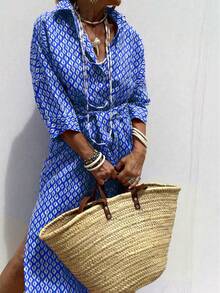 女士宽松下摆开衩短袖衬衫裙，轻薄涤纶面料，落肩设计，休闲优雅商务时尚连衣裙，建议选择小一码以获得宽松版型，适合春夏日常办公、度假、旅行穿着。 - 藍色 - 查看 4