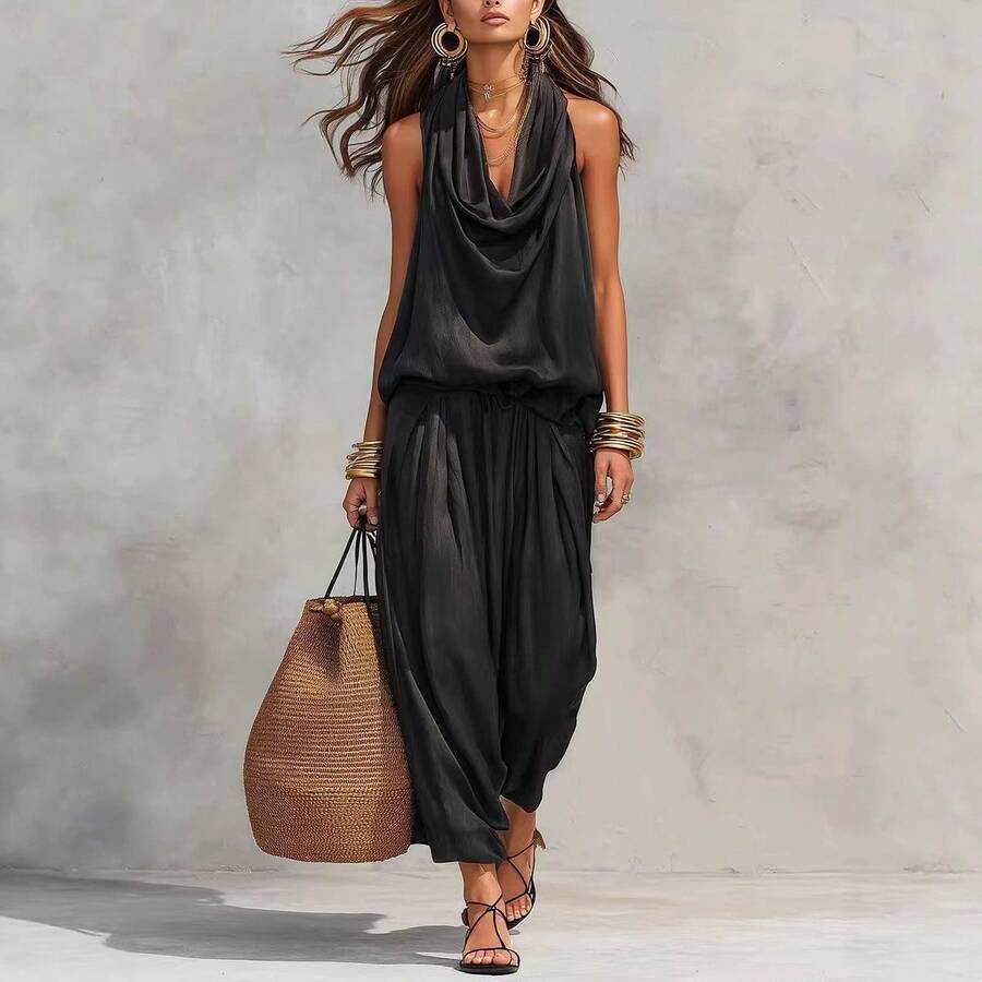 2026 Spring New V-Neck Waist-Cinching Ruffle Hem Elegant Dress Women's Set - Black - View 1