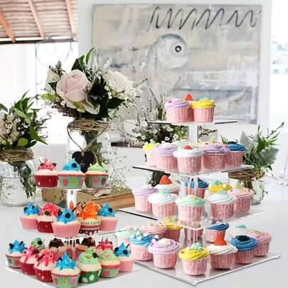Soporte para cupcakes de acrílico, estante de exhibición de pastel cuadrado transparente de varios niveles para bodas, fiestas y postres