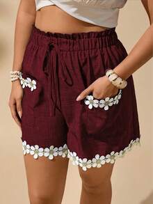 Women's Shorts, Commuting, Gatherings And Dates, Casual Occasions, Pockets And Floral Lace Trim, Loose Casual Summer Shorts, Wide Leg Shorts Vacation - Burgundy - View 2