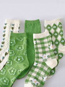 1/5 Pairs Women Ditsy Floral Argyle Pattern Jacquard Heart Textured Mid-Calf Socks, Sweet & Versatile For Daily Wear (Random Style Out Of 5 Pairs) - Green - View 6