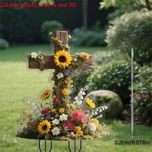 2D Acrylic Sunflower Cross Garden Stake Sign, Home Condolence, Yard Lawn Ground Insert, Memorial Decor, Suitable For Outdoor Garden Potted Landscape Anti-Wind And Rain Decor, Gift For Friends, Holiday Gift, Gardening Lighting Accessory - A - View 4