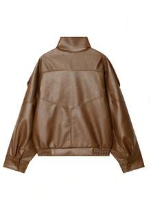 Chaqueta de cuero de mujer de estilo europeo minimalista, textura de litchi negro, nueva colección de otoño/invierno de Seelio - Marrón Mocha - Ver 10