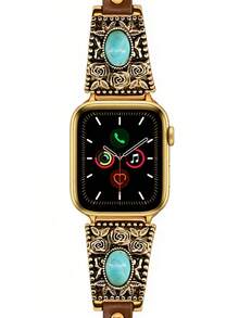 1件復古金色綠松石PU皮革金屬錶帶，玫瑰設計，適用於Apple Watch Ultra 2 SE 10 9 8 7 6 5 4 3 2 1系列，相容38mm 40mm 41mm 42mm 44mm 45mm 46mm 49mm - 金色 - 查看 8