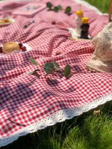 1pc Waterproof Charming Red & White Plaid Rectangular Picnic Blanket - Woven Rayon Tablecloth With Lace Edge, Foldable Double-Layer Sand-Proof Beach Mat With Strap, Suitable For Camping, Beach, Photography Background, Picnic Accessories - Red - View 8