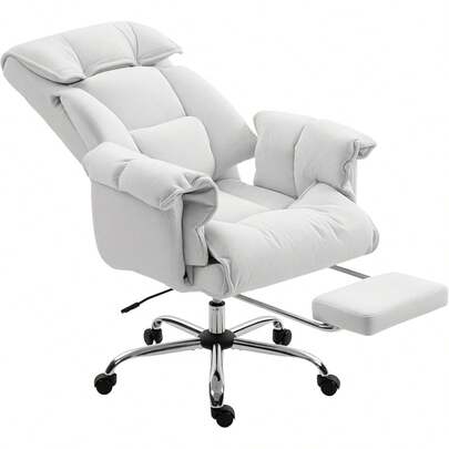 Executive Office Chair Comfy With Foot Rest, Reclining Swivel Computer Desk Chair With High Folding Back, Thick Cushion, Padded Armrest, Adjustable Height, Rolling Wheels, Cream White