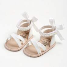 Baby Girls Summer Princess Sandals Elegant Satin Bow And Pearl Decor Dress Shoes With Closed Back Support - White - View 3