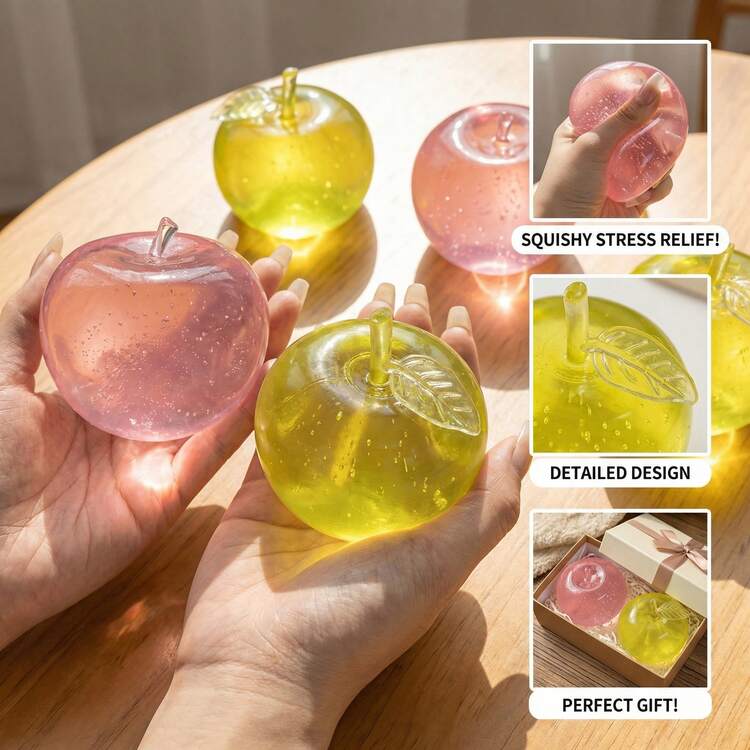 Bộ đồ chơi bóp hình quả táo trong suốt lấp lánh: Đồ chơi giảm căng thẳng hình trái cây dễ thương và chân thực, mềm mại và không ăn được, kèm hộp quà, phù hợp cho thanh thiếu niên và người lớn, đồ chơi giác quan hoàn hảo để giảm lo âu, món quà tốt nhất cho mùa cưới và Ngày của Mẹ. - Táo nhiều màu có thể ép đùn - Xem 2