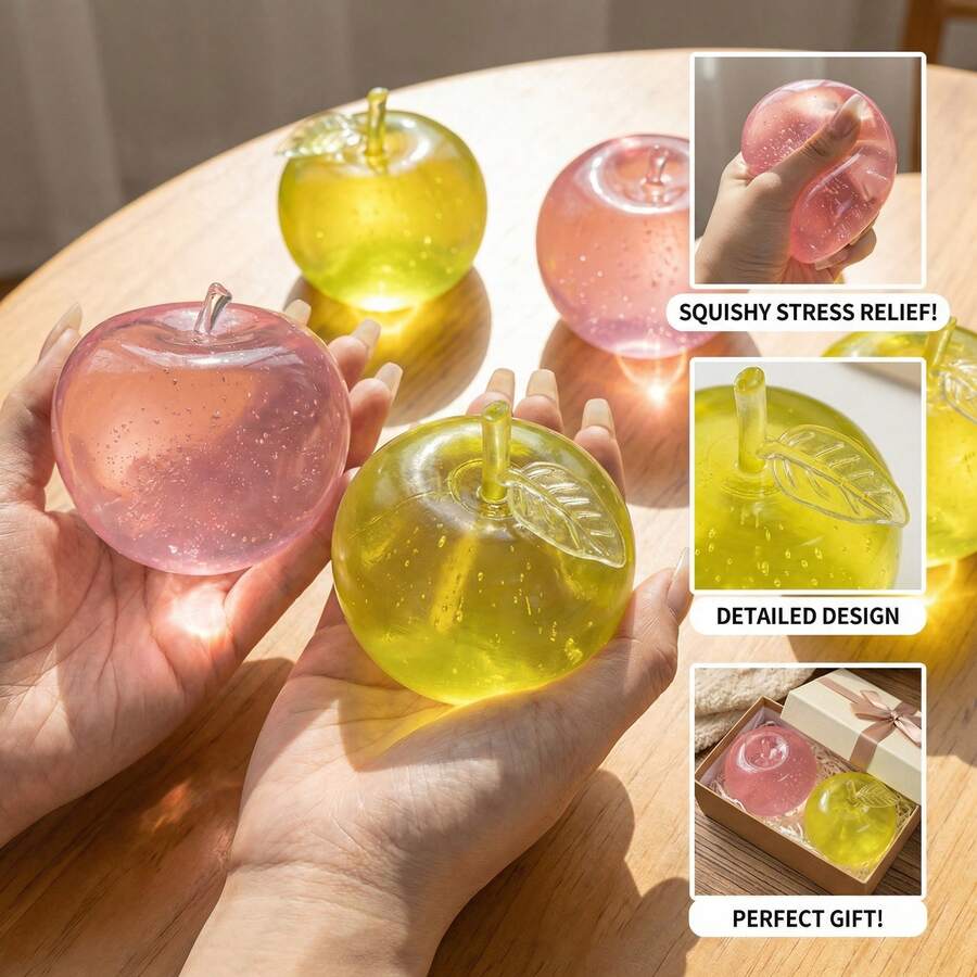 Juego de juguetes de estrés con manzana transparente con brillo: Juguetes de frutas realistas y lindos para aliviar el estrés, juguetes de peluche suaves y no comestibles, vienen con caja de regalo, adecuados para adolescentes y adultos, juguetes sensoriales perfectos para aliviar la ansiedad, regalos ideales para la temporada de bodas y el Día de la Madre. - Manzanas multicolores extrusionables - Ver 1