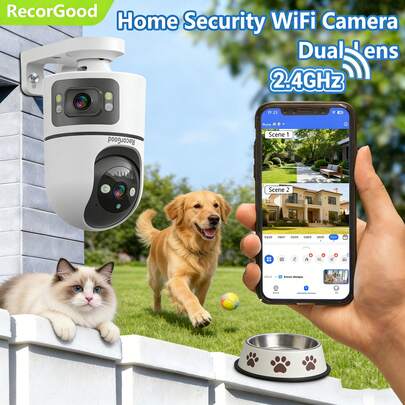 1个室内双镜头WiFi宠物摄像头，支持云台变焦，具备彩色夜视、AI移动侦测、声光报警、一键威慑、2.4GHz WiFi、双向语音、多用户云存储和回放功能。