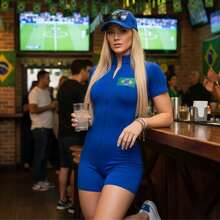 Women's Fitness Jumpsuit In Suplex, World Cup Brazil, Fan Style, Party Style, Short, Fitted, Premium - Màu xanh lam - Xem 3