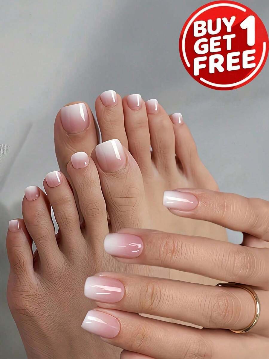 2 hộp móng giả dán dành cho nữ, 24 miếng cho tay và 24 miếng cho chân, móng giả kiểu Pháp màu hồng gradient, 2 chai gel dán và 2 dũa móng, dụng cụ làm móng giả.
