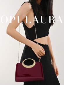 OpulAura 1件装复古酒红色亮面皮革手拿包，时尚闪亮水钻晚宴包，璀璨奢华正式礼服手提包，适合晚宴、派对、生日、婚礼、礼品 - 酒紅色 - 查看 8