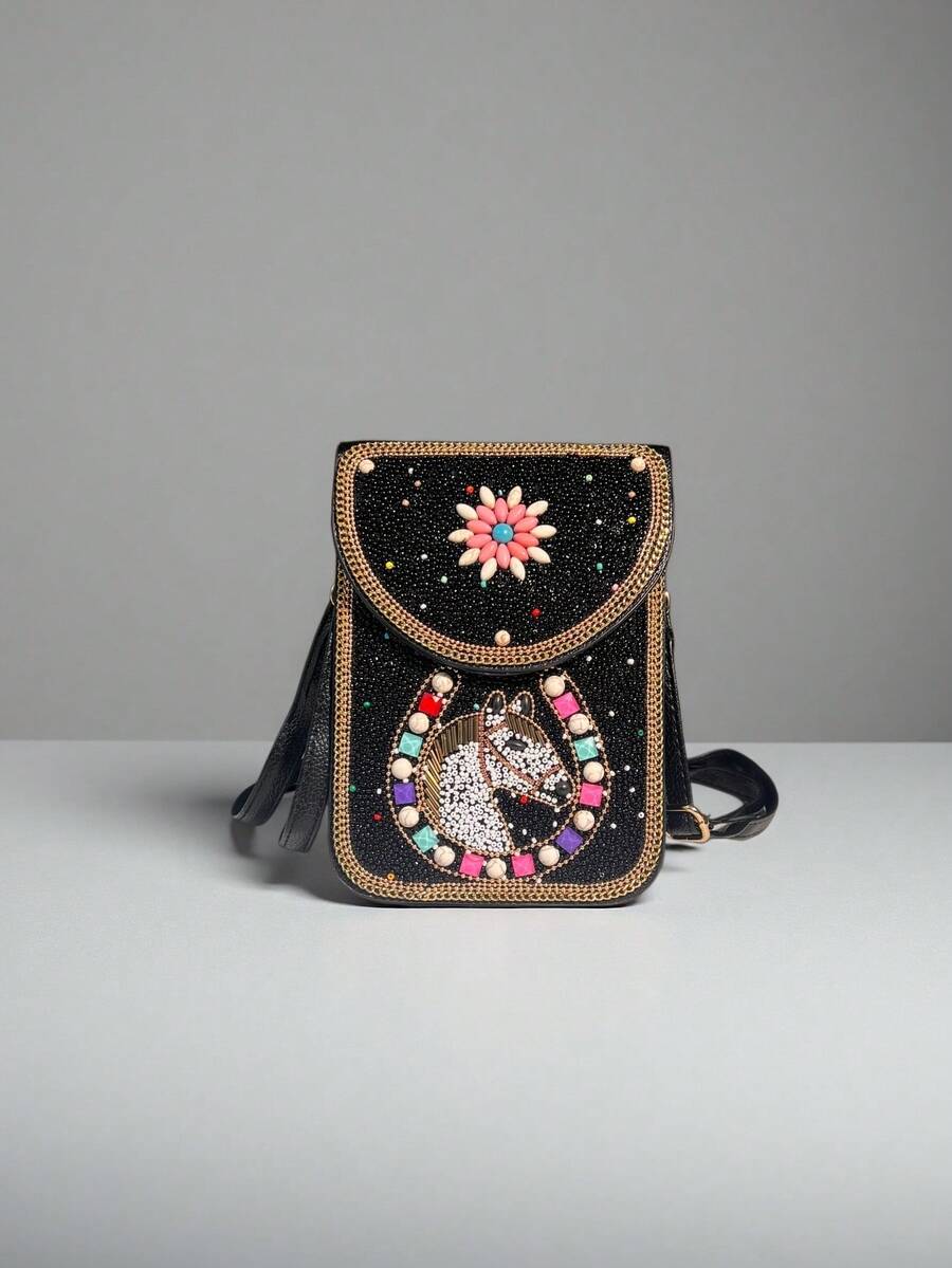 Nueva Bolsa de teléfono con cuentas de caballo negro, todo en uno para teléfono/llaves/lápiz labial/pañuelos, diseño de cuentas con efecto 3D inspirado en el desierto, versátil para salidas y compras, hecho a mano exquisito y práctico, bolso cruzado ultradelgado con bolsillos duales - Negro - Ver 1