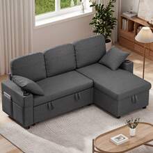 Sofa Bed, L-Shaped Sleeper Sofa Couch, 3 Seater Pull Out Corner Sofa Bed With Storage Chaise, Cup Holder, Sectional Sofa For Living Room, Dark Grey - L型深灰色(杯架+收納袋) - 查看 9