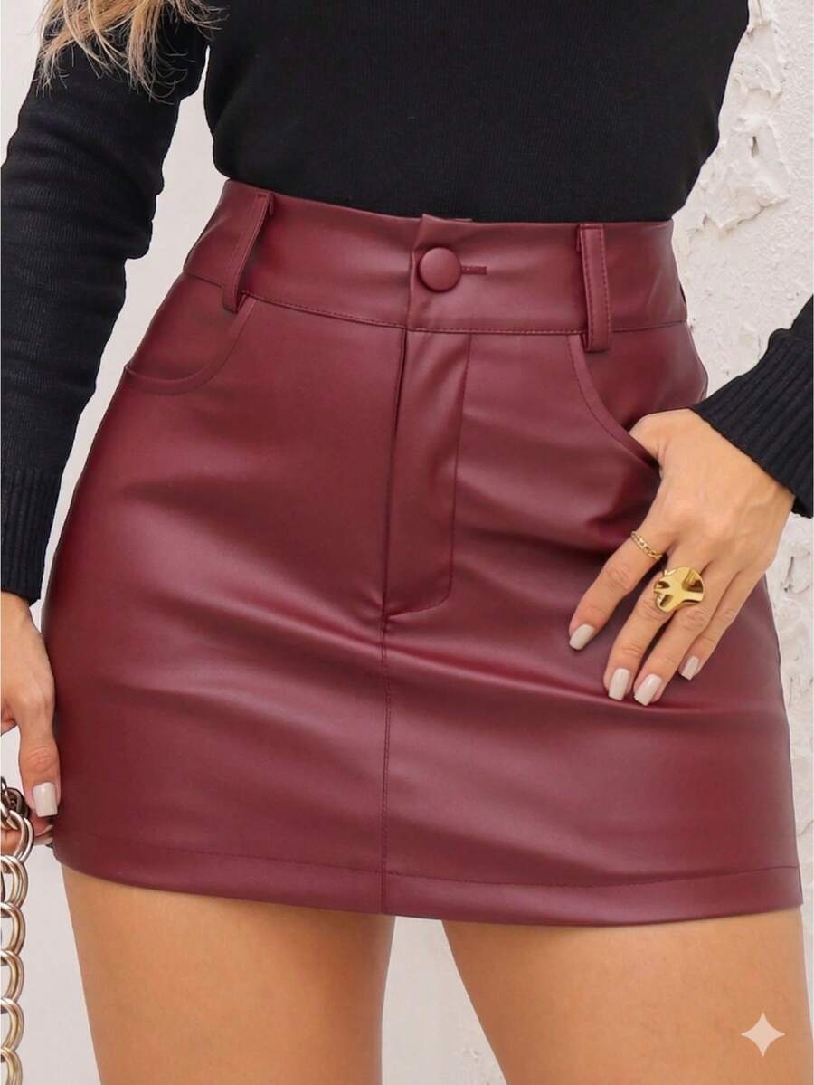 LULURUN Elegant Women's PU Leather Mini Skirt - Burgundy - View 1
