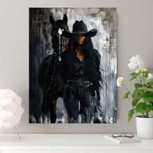 1 pieza de Arte de Pared Moderno de Vaquera Occidental en Lienzo Enmarcado - Marco de Madera con Figura Femenina Occidental, Decoración Rústica de Vaquera para Dormitorio, Fiesta de Tema Occidental - Cuadro de Vaquera Listo para Colgar, Regalo Perfecto para Decoración del Hogar, 2D Plano, Perfecto - Enmarcado - Ver 3