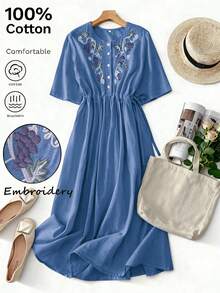 Women's Loose Waist Drawstring Vintage Embroidered Vacation Dress, Spring/Summer Elegant - Dusty Blue - View 5