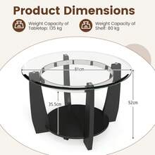 GOFLAME Rolling Glass Coffee Table With Wheels, 81CM 2-Tier Round Center Table With Storage Shelf & Solid Rubber Wood Legs, Modern Cocktail Tea Table For Living Room, Home Office - Black - View 2