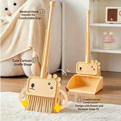 Cute Giraffe Kids Broom And Dustpan Set, Mini Cartoon Cleaning Tools For Toddlers, Lightweight Handheld Sweeping Kit For Home Play & Housekeeping