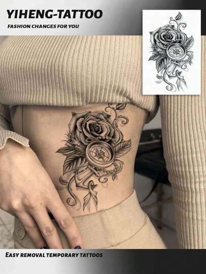 1pc Large Rose Compass Temporary Tattoo Design, Multipurpose Unisex One-Time Use Tattoo Sticker, & Easy To Apply/Remove, Suitable For Daily, Travel, Beach, Body Art Decoration, DIY Gift Sticker