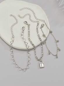 3pcs Elegant Heart Lock Pendant Anklets, Exquisite Casual Holiday Accessories, Suitable For All Seasons, Gift - Silver - View 4