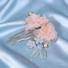 Lược cài tóc hình hoa bằng vải chiffon màu hồng thanh lịch, phụ kiện tóc cưới thủ công làm từ lá thủy tinh và ngọc trai. - Hồng - Xem 4