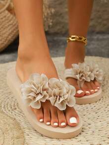 Summer New Thick-Soled Slippers, Lightweight And Comfortable Flip-Flops, Solid Color, Available In Large Sizes (36-45), Flower Beach Sandals - 卡其色 - 查看 5