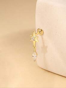 1pc 925 Sterling Silver Delicate Starburst CZ Drop Flat Stud Earrings, Waterproof Anti-Oxidation Minimalist Elegant Starry Sky Ear Cartilage Earlobe Earrings, Unisex Daily Wear Wedding Party Gift, Hypoallergenic - Gold - View 6