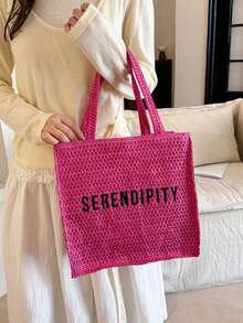 优雅简约草编包，SERENDIPITY刺绣字母，新款夏季海滩摄影度假编织手提包，大容量手提包/单肩包，通勤及外出皆宜 - 玫紅色 - 查看 7