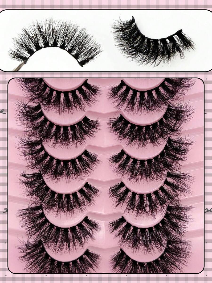 7 par DD böjda och fluffiga lösögonfransar, skapar mjuka och täta 8D-konstminkfransar, tjock fransförlängning - Svart - Visa 1
