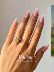 MADEONE 1 pieza Anillo de azúcar cuadrado de plata de ley 925, exquisito lujo con diamantes incrustados, adecuado para uso diario de mujeres, regalo de compromiso, fiesta de cumpleaños y citas - Terrones de azúcar: de color amarillo dorado intenso. - Ver 2