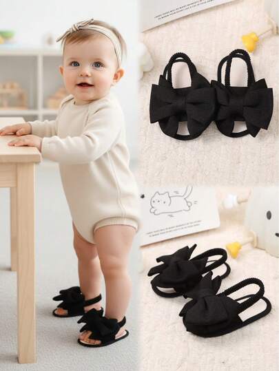1 Pair Black Soft Comfortable Mesh + Fabric Bow Decor Infant Indoor Flat Sandals, Classic Elastic Back Design Round Toe Non-Slip Toddler House Shoes, Suitable For 0-2 Years Old Baby Girls, Spring/Summer 2026