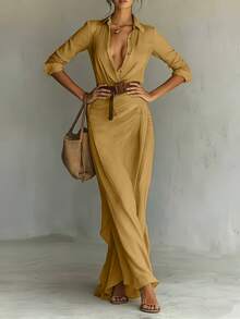 纯色优雅腰部褶裥前开襟纽扣女士黄色长连衣裙，V领长衬衫裙，无弹力面料，A字裙摆（不含腰带） - 鵝黃色 - 查看 2