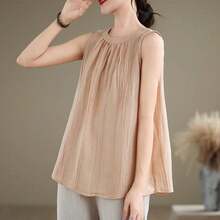 Débardeur rose vintage à col rond, plissé, ample et à la mode - Rose bonbon - Voir 6