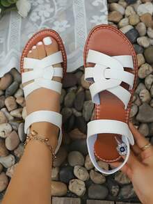 Women's New Personalized Woven Multi-Strap Hollow Cross-Strap Backless Flat Sandals For Daily Wear, Street, Vacation And Commute - White - View 5