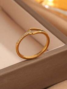 1pc Stainless Steel Geometric Shape Rhinestone Inlaid Ring, Fashionable Drop Shaped Hollow Out Design - Silver - View 1